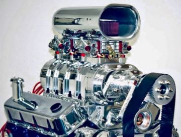 MoPar 361-383-400 Low Deck Engine  6-71 Supercharger with ATM Carbs, Scoop, Lines, Linkage
